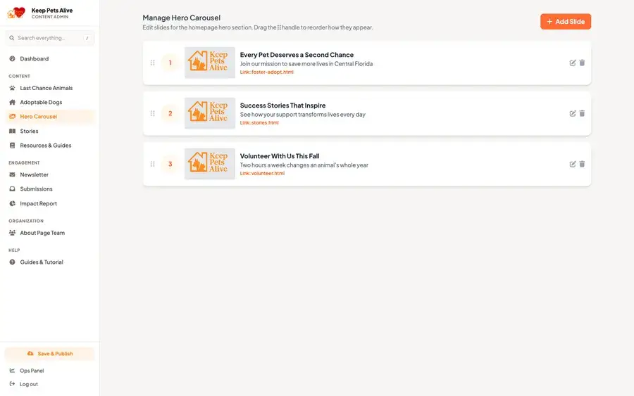 Content manager editing homepage hero slides, with drag handles and a publish button